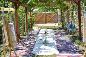 Guest house Kashtata في شابلا: طاولة نزهة طويلة في حديقة مع بطانية
