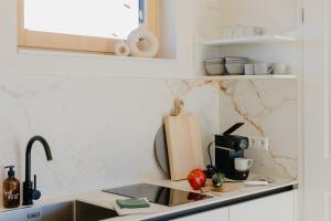 - un comptoir de cuisine avec évier et four micro-ondes dans l'établissement Weinberg Chalets, à Malsch