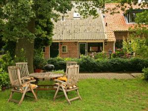 dos sillas y una mesa con una parrilla en un patio en Quietly located farmhouse with sauna and hot tub, en Balkbrug