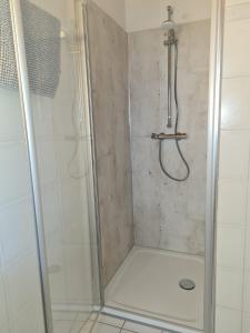 a shower with a glass door in a bathroom at Haus Reihernest in Sehestedt