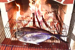 a fish sitting on a rack next to a fire at Villa Nina Amalfi in Amalfi