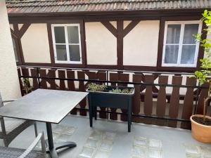 un patio con una mesa y una maceta en Gasthaus zur Sonne, en Rhodt unter Rietburg