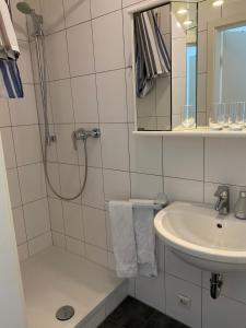 a bathroom with a shower and a sink at Gasthaus zur Sonne in Rhodt unter Rietburg
