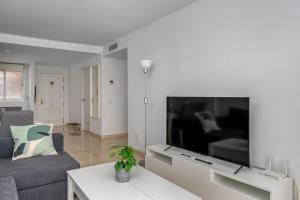 a living room with a large flat screen tv at Seaview terrace with pool in Carvajal Ref 103 in Torremuelle
