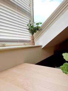 un jarrón con una planta sentado en un alféizar de la ventana en 'Bridgewater' at stayBOOM, en Morecambe