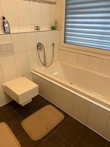 a bathroom with a tub and a toilet and a sink at Ultra Luxurious House Lake view in Niederried