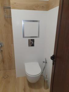 a bathroom with a white toilet and a mirror at Augusta Apartment in Stara Zagora