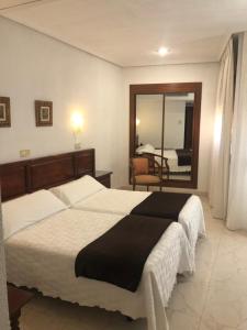 een slaapkamer met een groot bed en een spiegel bij Hotel Martin in Toledo