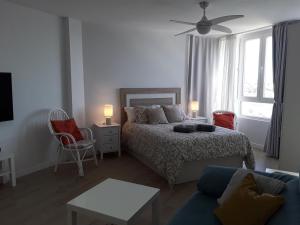 sypialnia z łóżkiem i kanapą w obiekcie Algaida Studio Calahonda, Pools, Garden and 150 m Beach w mieście Sitio de Calahonda +37 zdjęć