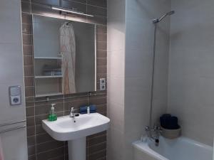 łazienka z umywalką, lustrem i prysznicem w obiekcie Algaida Studio Calahonda, Pools, Garden and 150 m Beach w mieście Sitio de Calahonda