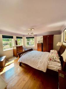 a bedroom with a large bed with wooden floors and windows at Victorian Villa in New Ross