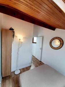 Habitación con cama y espejo en la pared. en Apartment Gîte Luvain Toulouse, en Toulouse
