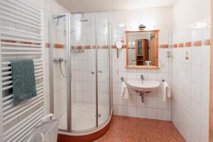 La salle de bains est pourvue d'une douche et d'un lavabo. dans l'établissement Charmantes Fachwerkhaus in Ediger-Eller - Nähe Calmont Kletterstieg mit 2 Schlafzimmer, Netflix, à Ediger-Eller