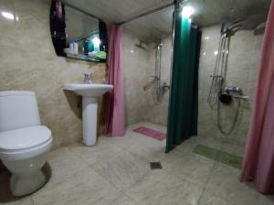 a bathroom with a toilet and a shower and a sink at Wooden_Room_Hostel in Yerevan