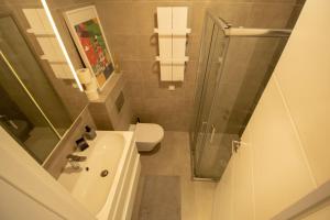 uma casa de banho com um chuveiro, um lavatório e um WC. em GARDOS BAUHAUS Apartment em Belgrado