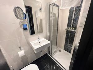a bathroom with a sink and a toilet and a shower at Great St Helen Hotel in London