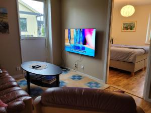 salon z kanapą i telewizorem na ścianie w obiekcie Frillesås BB Vallersvik w mieście Frillesås