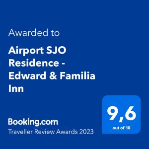 Un certificat, premiu, logo sau alt document afișat la Airport SJO Residence - Edward & Familia Inn