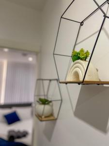 a shelf with two plants in a room at Modern Bradford City Apartment in Bradford