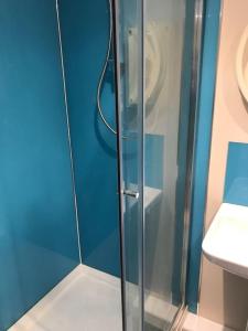a shower with a glass door in a bathroom at Rural Devon retreat in stunning Exe Valley. in Exeter