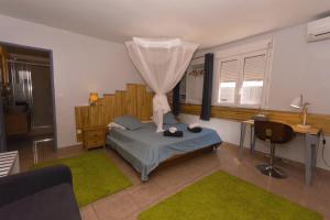 a bedroom with a bed with a curtain on it at Redoute Paradise in Fort-de-France