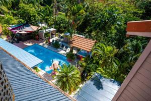 - une vue sur la piscine bordée de palmiers dans l'établissement Redoute Paradise, à Fort-de-France