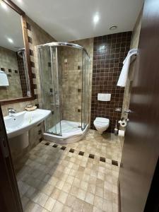 ein Bad mit einer Dusche, einem Waschbecken und einem WC in der Unterkunft Hotel Alpin Aparthotel Apartament 301 in Poiana Brașov