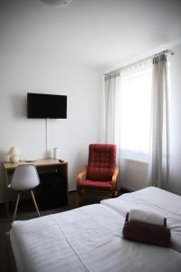 een slaapkamer met een bed, een stoel en een televisie bij Penzion Amfík Bukovina in Popovice