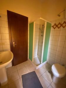 a bathroom with a shower and a toilet and a sink at Bilocale in centro a Pietrelcina in Pietrelcina