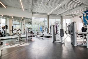 a gym with treadmills and machines and windows at Downtown 1BR w Pool Gym nr Staples Center LAX-625 in Los Angeles