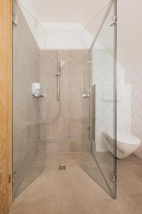 a shower with a glass door in a bathroom at Hotel Bären in Feldkirch