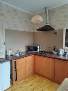 cocina con fregadero y microondas en Ventspils Apartments, en Ventspils