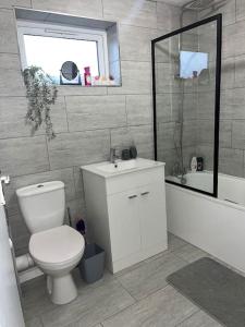 a bathroom with a toilet and a sink and a tub at Lovely one bedroom apartment in Thornton Heath