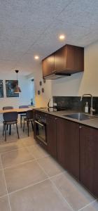 a kitchen with a sink and a table with chairs at Hos Molsgaarden in Knebel
