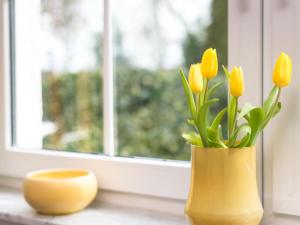 a yellow vase with yellow flowers sitting on a window sill at Apartment Kiefernweg by Interhome in Ramersbach