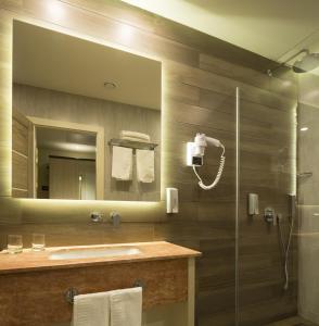 a bathroom with a shower and a sink and a mirror at Exclusive Hotel & More in Sibiu