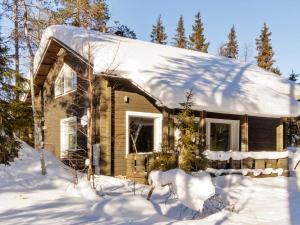 a house covered in snow in the woods at Holiday Home Petruska by Interhome in Levi