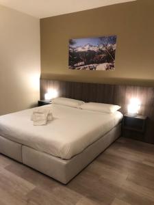 a bedroom with a large white bed with two lights at Prealpina Hotel in Bagnolo Piemonte
