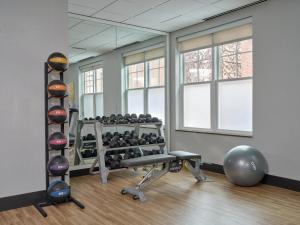 een fitnessruimte met een rek aan gewichten en een sportbal bij Six South St. Hotel in Hanover