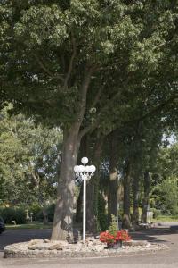 un poste de luz en un parque con árboles y flores en Landhotel Stähle en Schüttorf