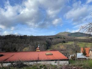 Saint-Pierre-BoisにあるHohwarth - Le Contemporain - Logement 6 personnesの山を背景にした赤い屋根の建物