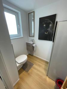 d'une salle de bains pourvue de toilettes et d'une photo de chat. dans l'établissement Hohwarth - Le Contemporain - Logement 6 personnes, à Saint-Pierre-Bois