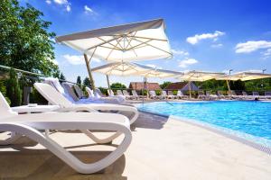 eine Gruppe von Stühlen und Sonnenschirmen neben einem Pool in der Unterkunft Hotel Premier Aqua - Adults Only in Vrdnik