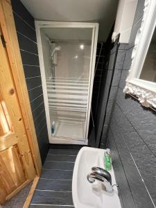 a small bathroom with a sink and a shower at The Bridge Street Historic Guest House in Sudbury