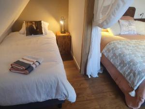 een slaapkamer met 2 bedden en een foto op het bed bij La Tour du Bois fleuri in Colmar