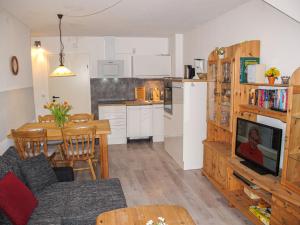 a living room and kitchen with a couch and a television at Apartment Gollwitzer Park - Insel Poel-7 by Interhome in Gollwitz