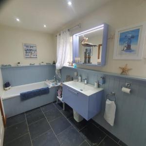a bathroom with a sink and a tub and a mirror at Melorne Farm Guest House in Camelford