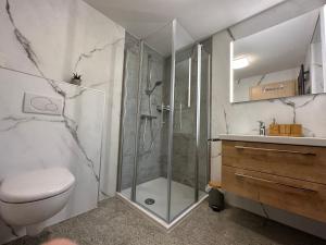 ein Bad mit einer Dusche, einem WC und einem Waschbecken in der Unterkunft Ferienwohnungen Abendsonne - 7 Gehminuten zum EP in Rust