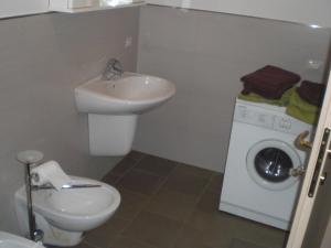 uma casa de banho com um lavatório e uma máquina de lavar roupa em Casa Domenica em Mezzana