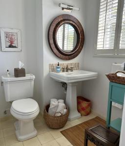 La salle de bains est pourvue de toilettes, d'un lavabo et d'un miroir. dans l'établissement Twin Coves House home, à Governorʼs Harbour